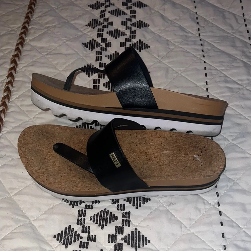 Reef Black Cork Platform Flip Sandals with White Trim